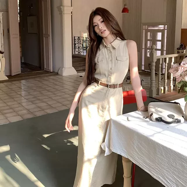 2025春夏新款翻领衬衫连衣裙女美式气质设计感通勤收腰修身长裙子