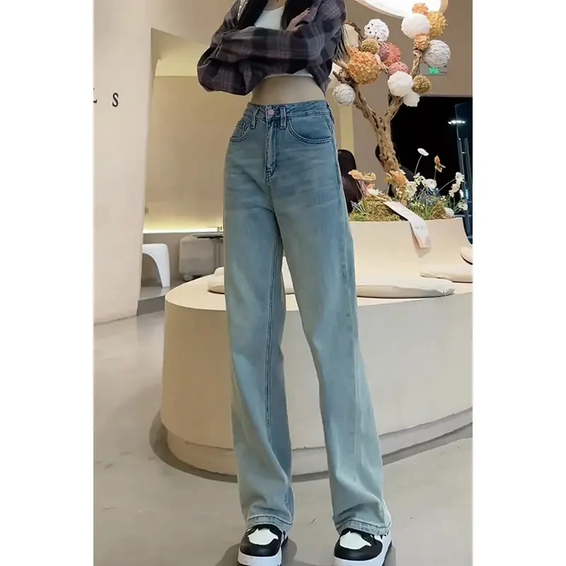 窄版阔腿牛仔裤女2025夏季新款休闲百搭浅色高腰小个子显瘦直筒裤