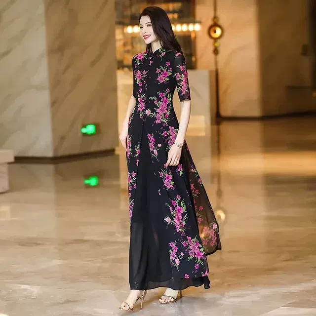 2024夏季新款中式国风连衣裙高级气质时尚显瘦碎花轻奢过膝长裙女