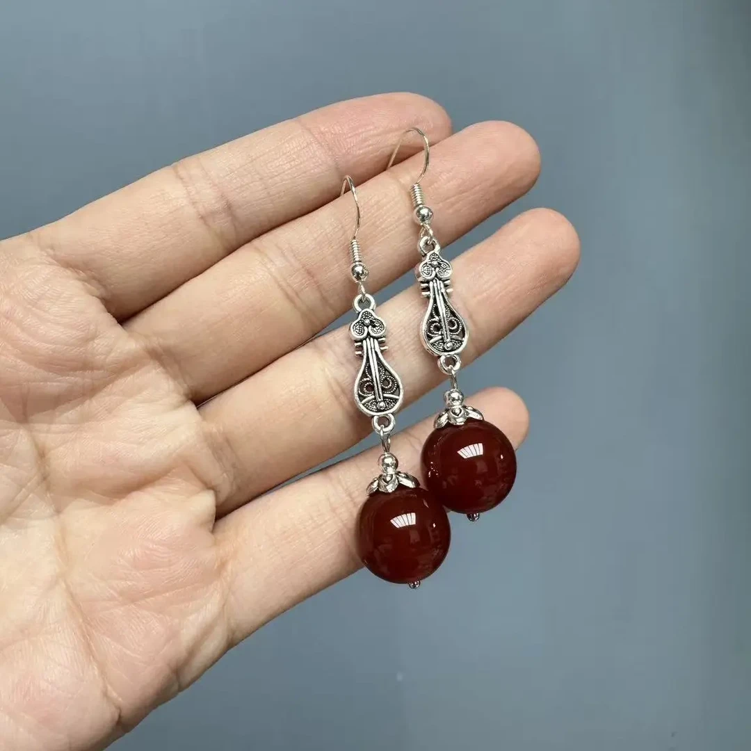 南红s925琵琶圆珠耳钩