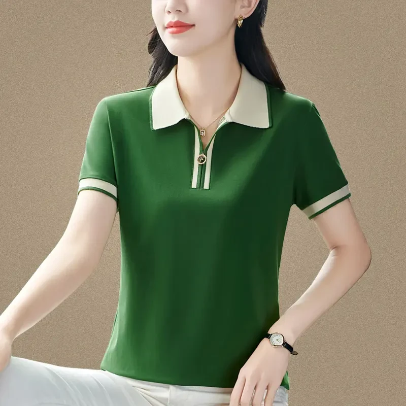 翻领短袖T恤女夏季2025新款运动休闲POLO衫时尚半拉链半袖上衣潮