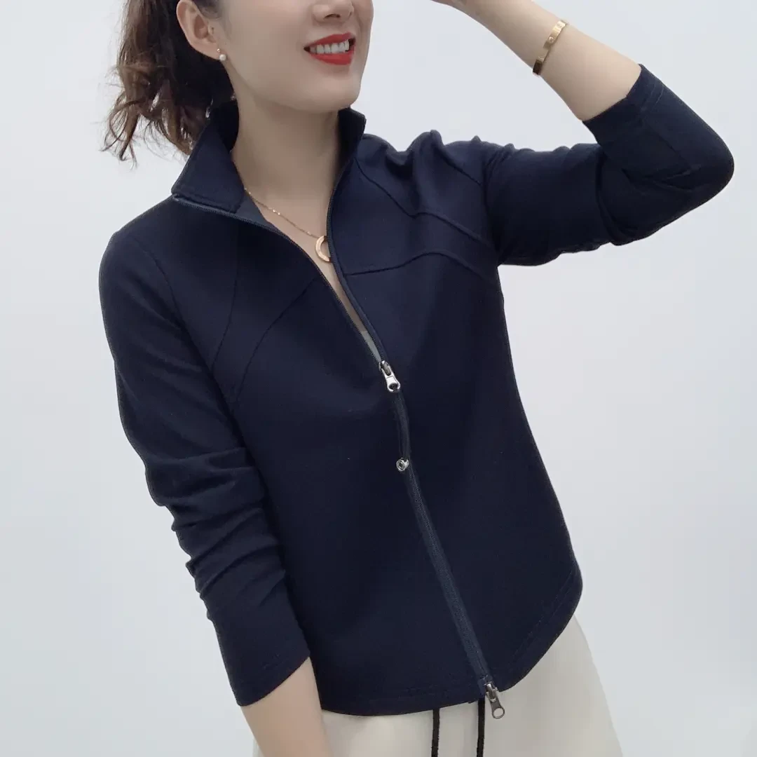 时尚纯色开襟立领防风拉链保暖秋季短外套秋冬运动百搭休闲女上衣