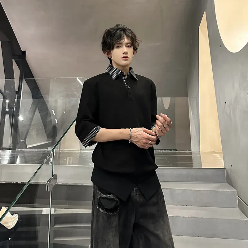 美式收腰翻领短袖T恤男夏季潮牌撞色拼接Polo衫休闲百搭半袖上衣