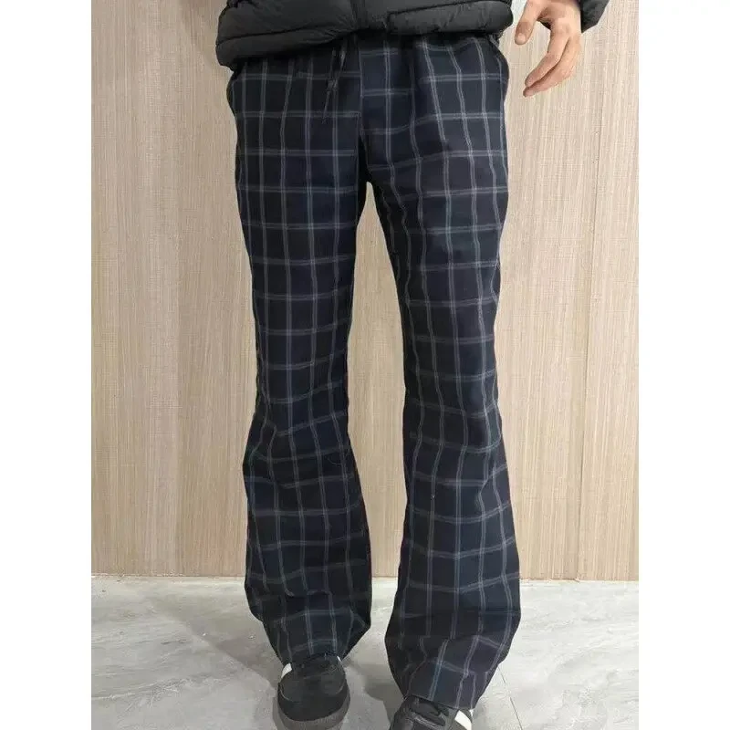 【何以至此】黑蓝色格子裤男款美式复古慵懒风裤子微喇叭弯刀休闲裤