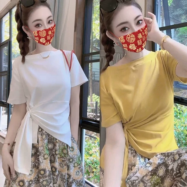 设计感不规则褶皱绑带短袖t恤女夏季收腰显瘦超好看独特漂亮上衣