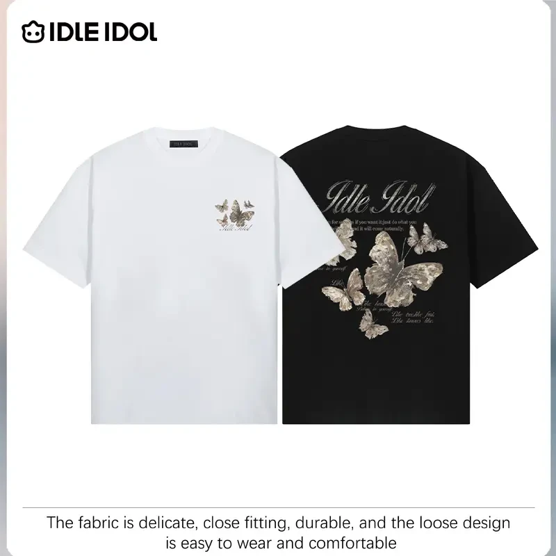 IDLE IDOL夏季情侣休闲宽松羽蝶幻彩 百搭潮流轻奢圆领短袖t恤男