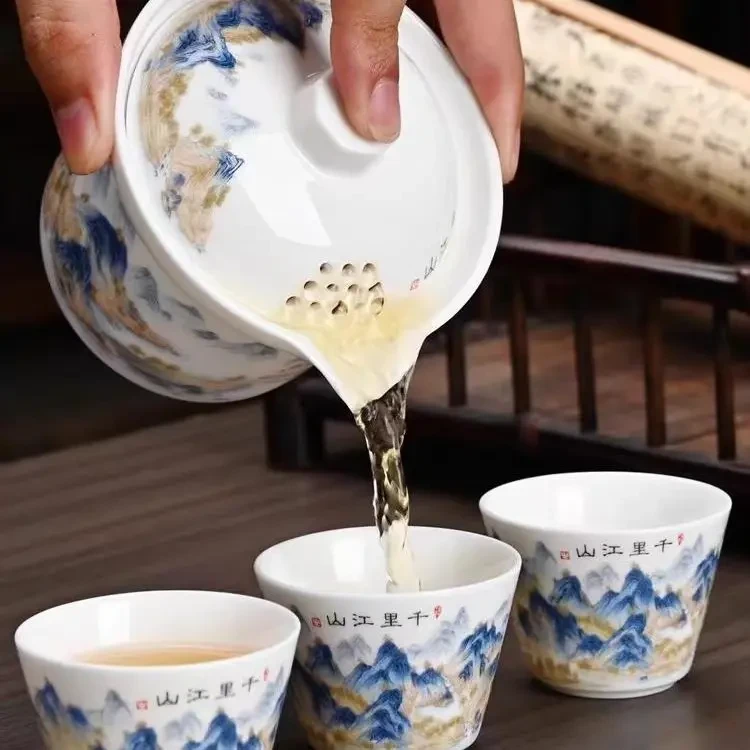 旅行茶具户外中式复古青花便携式车载快客杯一壶三杯H43