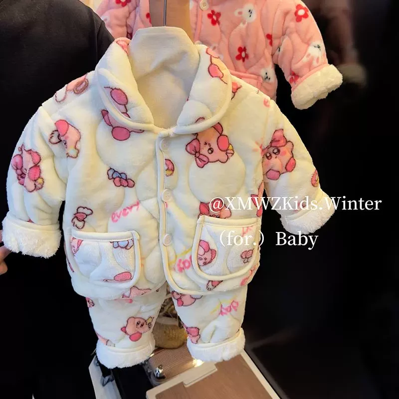 X【80-130】男女童冬装25夹棉加绒家居服两件套男女宝翻领加厚睡衣