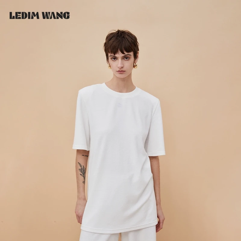 毛圈垫肩直筒T恤圆领短袖宽松显瘦中长款简约百搭