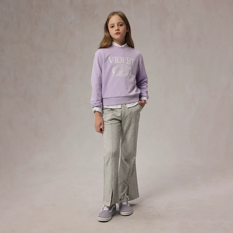 【25新品】E·LAND KIDS女童喇叭裤季刺绣松紧腰开叉EKTMF2222E