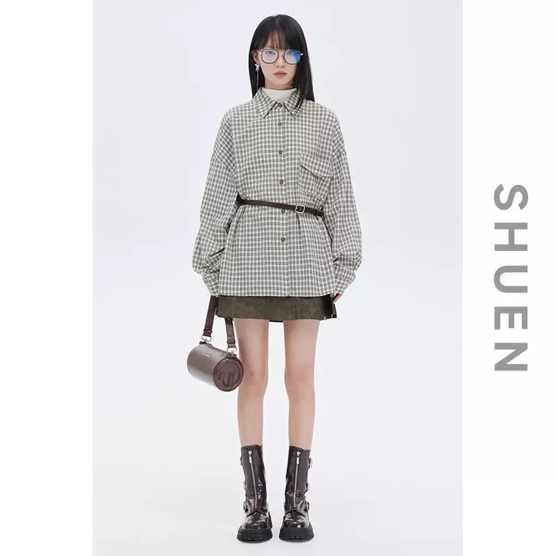 束恩40支纯棉色织卡其格纹复古2025秋季中长款宽松长袖衬衫女上衣