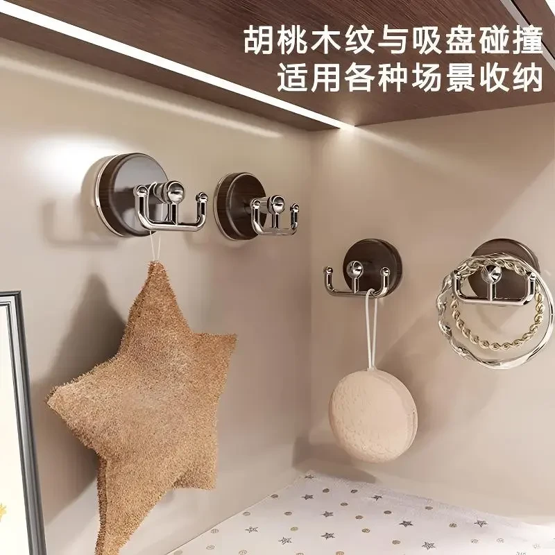 【新品】木纹圆盘双钩家用创意免打孔双头挂钩简约吸盘玄关卧室挂钩