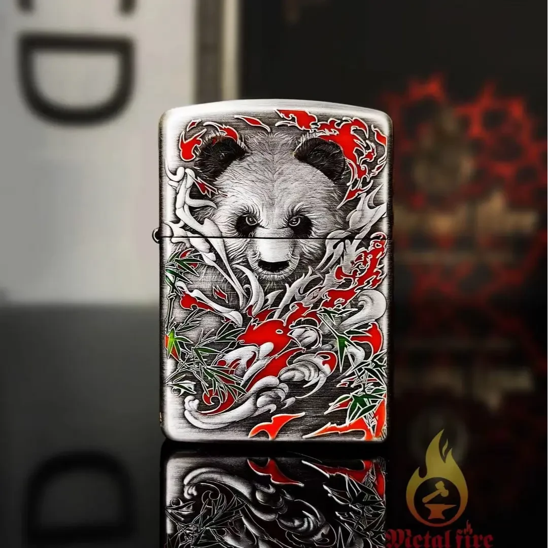 ZIPPO/之宝千语彩绘熊猫盔甲镀铬精雕盔甲正品煤油打火机DY9802DK