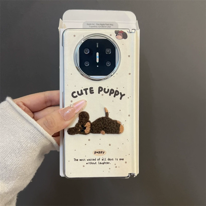 适用华为mateX6折叠屏手机壳X5立体刺绣趴趴小狗皮质x3典藏版男女