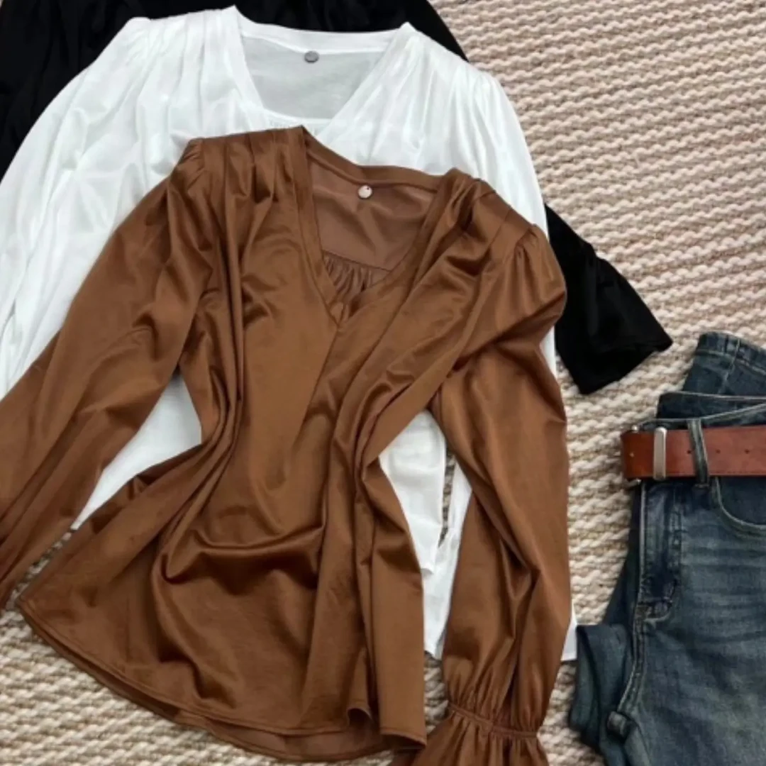 P1195休闲时尚百搭长袖纯色长袖打底蕾丝衫/雪纺衫