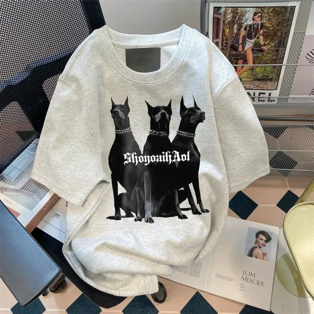 重磅纯棉美式学院风小猫印花灰色短袖T恤男女生夏季宽松百搭上衣