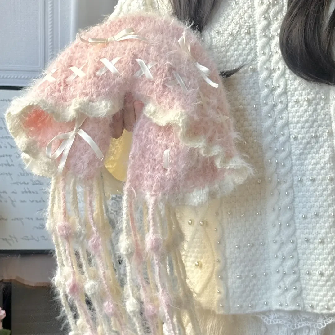 新款可爱自制钩针编织羊毛混纺雪花纱芭蕾缎带流苏水母帽diy材料