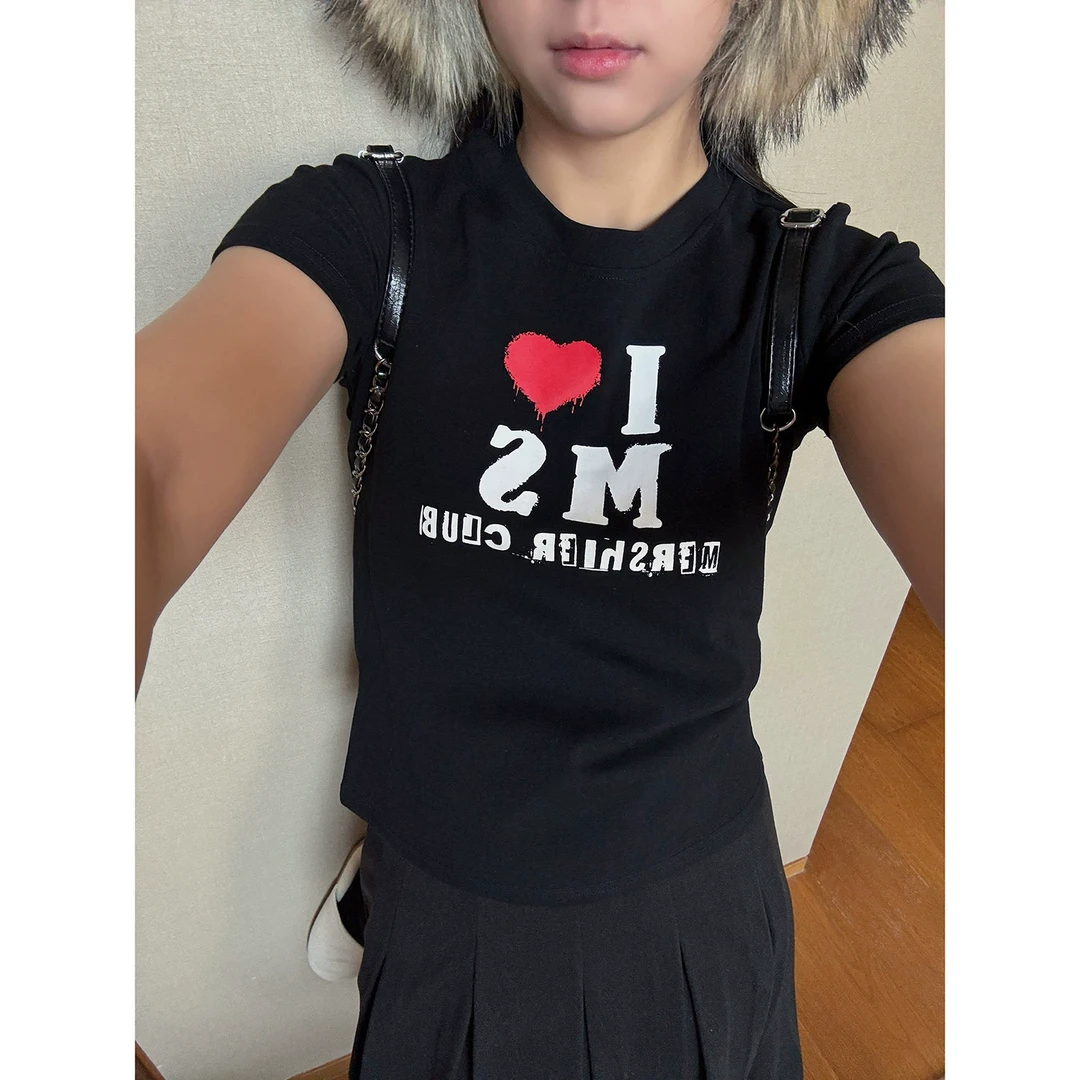 19studio WAYNEPRINCE 美式复古辣妹短袖T恤爱心字母印花短款上衣