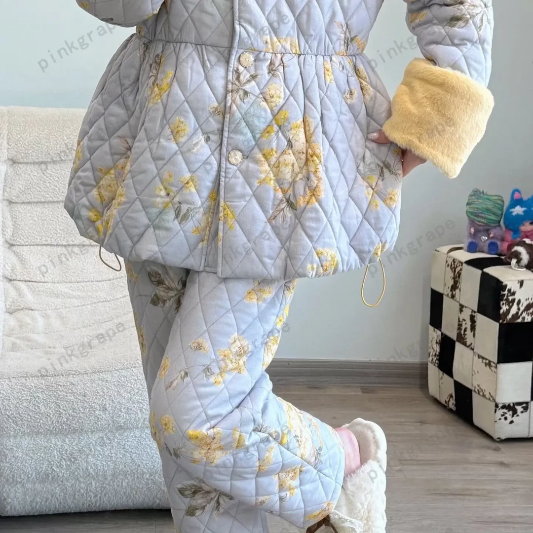 冬季三层夹棉加绒加厚国风碎花圆领女士可外穿保暖家居服睡衣套装