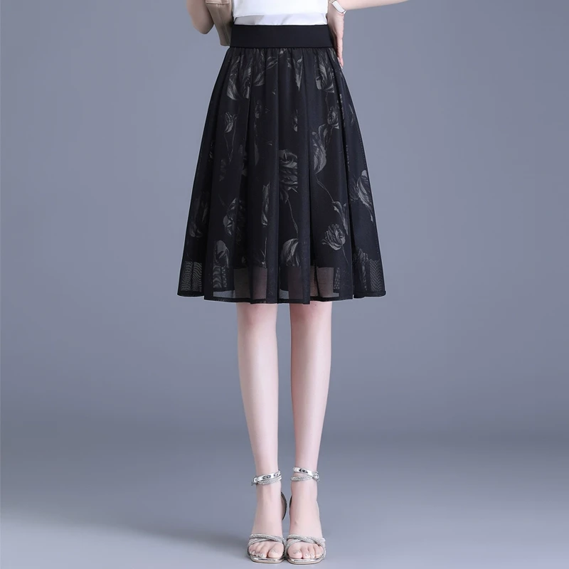松紧腰印花中裙网纱裙女夏季2025新款显瘦a字裙半身裙时尚百褶裙