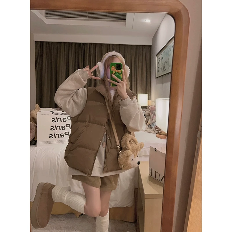 Yukiss 直播棕色羽绒服马甲女秋冬宽松立领复古时髦叠穿马甲A3607