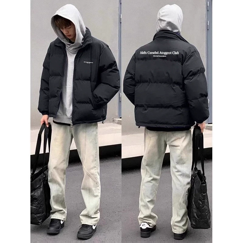 新款潮牌复古高街美式羽绒服男冬季男白鸭绒加厚立领宽松休闲外套