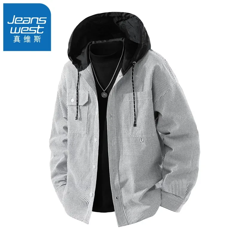 真维斯Jeanswest男士美式复古条纹衬衣秋冬季时尚款连帽夹克外套