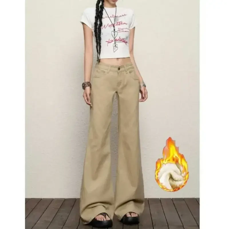 z美式复古卡其色低腰牛仔裤女2025秋季新款辣妹不贴腿微喇阔腿