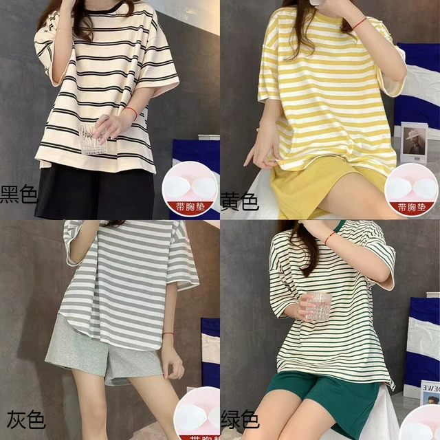 睡衣女夏天运动条纹短袖自带胸垫薄款少女士家居服内衣两件套长裤