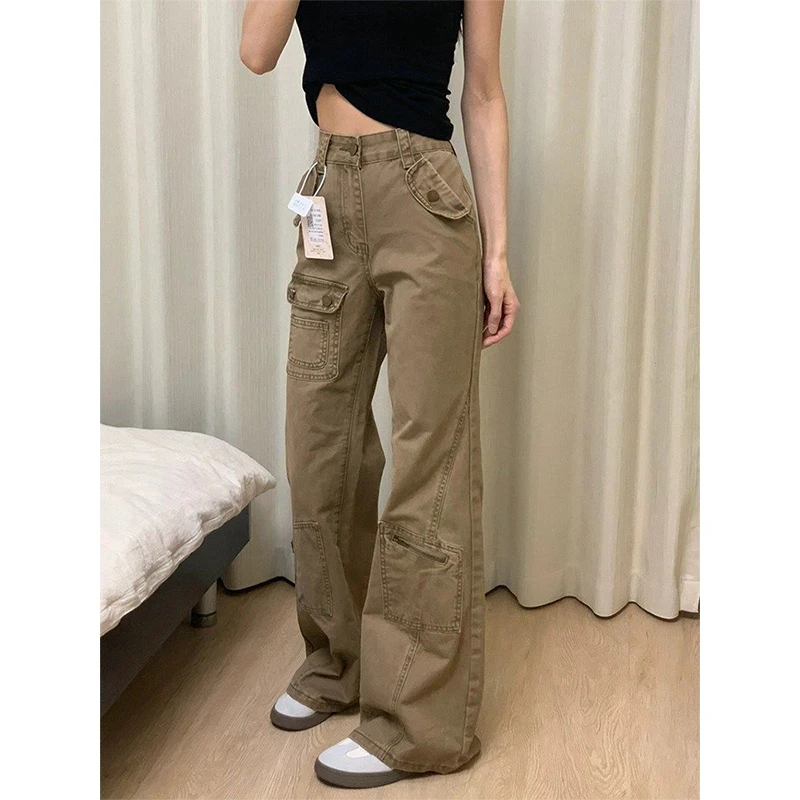 美式复古工装微喇牛仔裤女夏季高腰多口袋直筒宽松拖地阔腿裤子潮