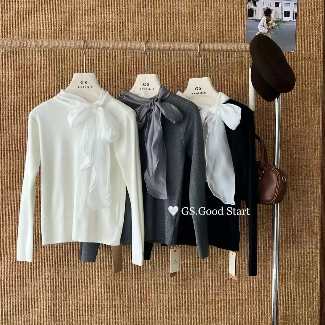 法式复古蝴蝶结飘带针织衫女秋冬百搭叠穿打底上衣