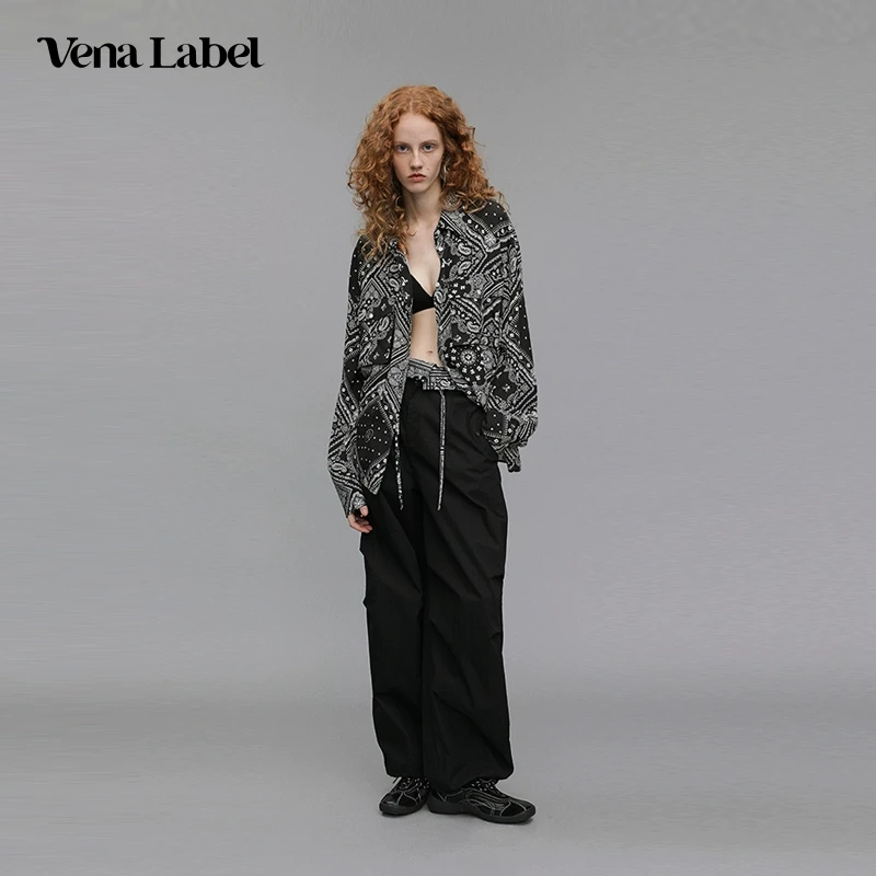 vena label25SS春夏新款拼接双腰头印花抽绳假两件茧型休闲裤女士