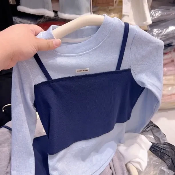 女童韩版时尚拼色假两件长袖T恤秋季洋气百搭圆领上衣潮