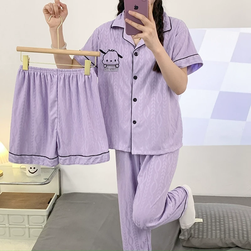 香芋紫甜美睡衣女款夏季200斤大码短袖长裤夏天300斤三件套装外穿