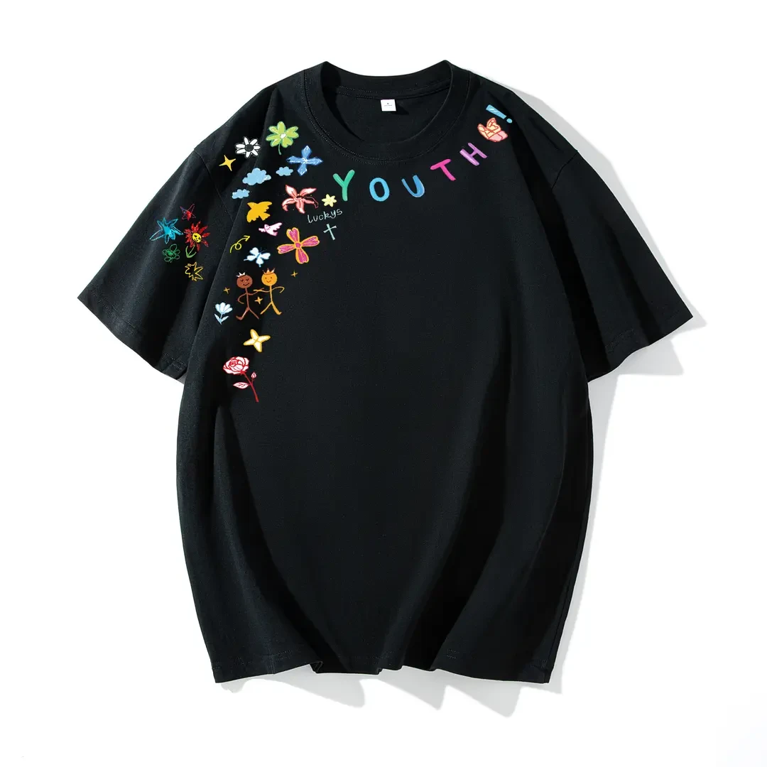 夏季美式纯棉T恤短袖男女款ins鲜花手绘印花高街宽松百搭上衣