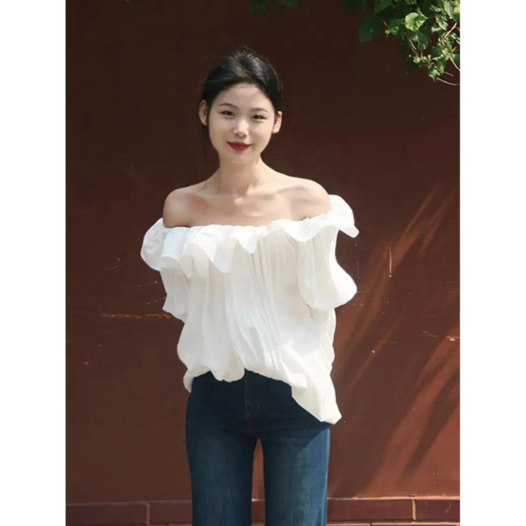 白衬衫女一字肩早春chi上衣2025新款法式高级设计感别致雪纺衫