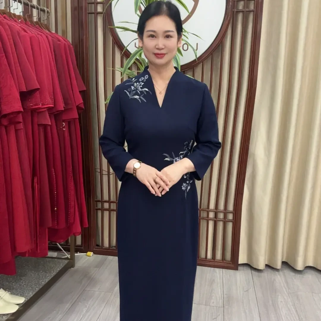 170163藏蓝色长袖V领后开叉喜妈妈喜婆婆婚宴装中式复古新款气质
