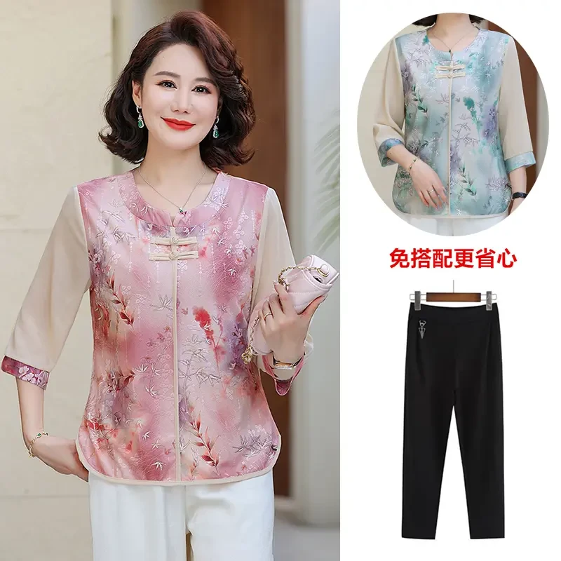 2025妈妈装新中式国风T恤上衣春夏圆领洋气复古盘扣中袖遮肚小衫