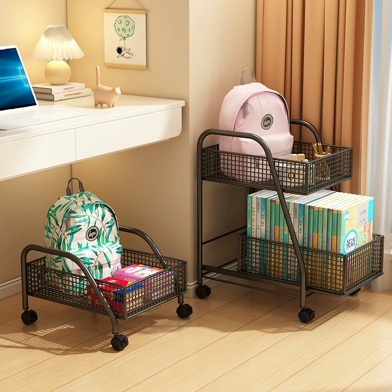 家用书包置物架可移动小推车简易落地带轮书架铁艺学生书籍收纳架