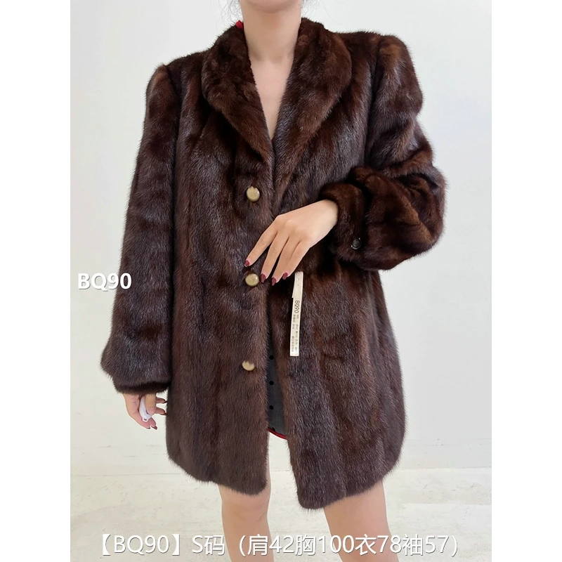 【BQ90】S码 焦糖棕全抽中长款貂皮大衣皮草外套 翻立领泡泡袖