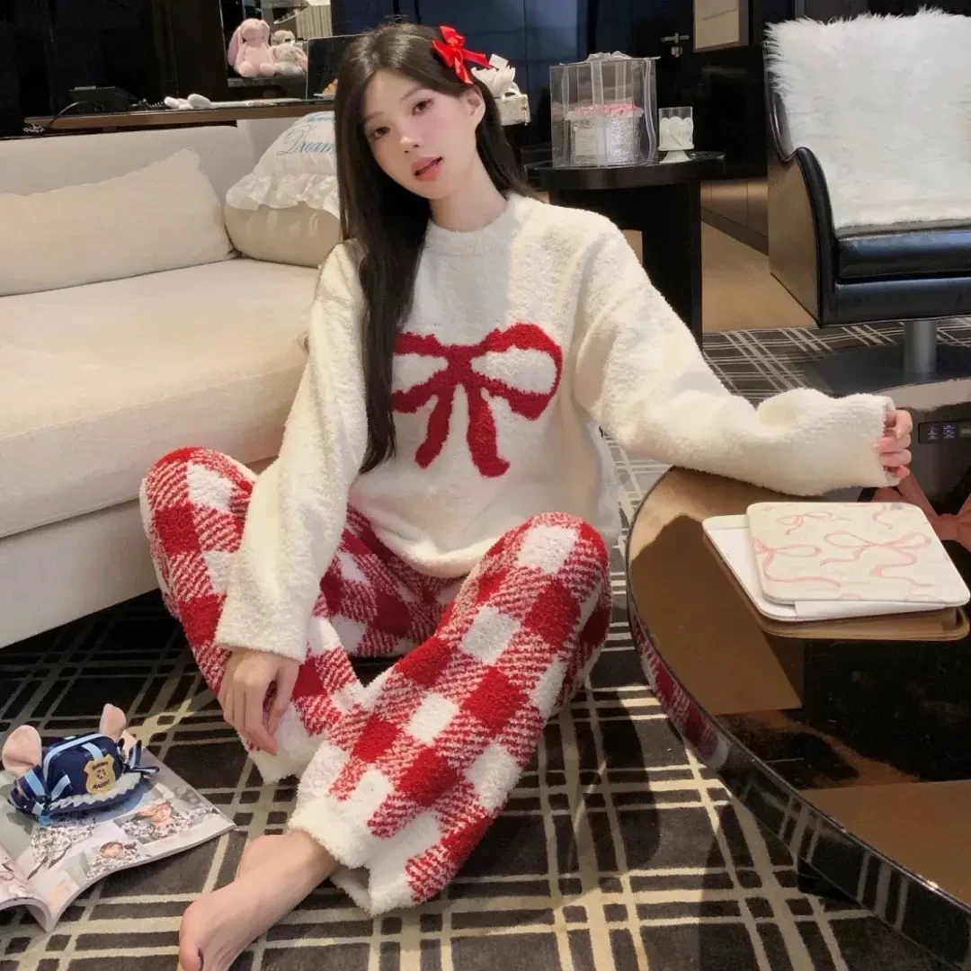甜美少女蝴蝶结半边绒冬季加厚保暖睡衣套装