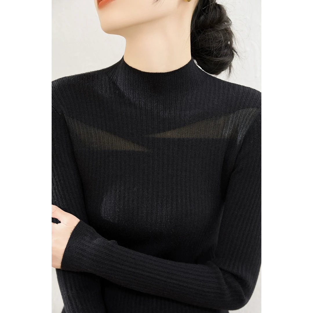 黑色修身显瘦长袖针织衫内搭打底上衣春季新款女装气质半高领毛衣