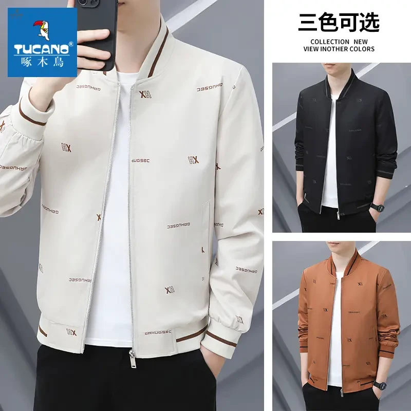 啄木鳥新款男士外套春秋男装棒球领夹克潮流修身百搭休闲加绒上衣