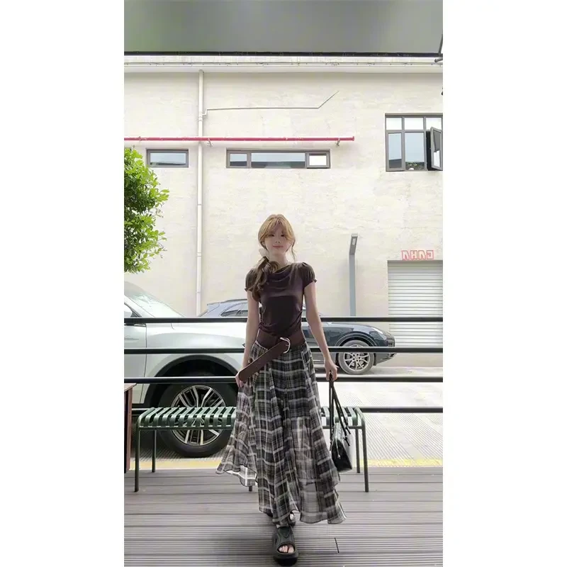 2025新款女夏季甜辣风复古显瘦泡泡袖短款T恤上衣格子长款半身裙