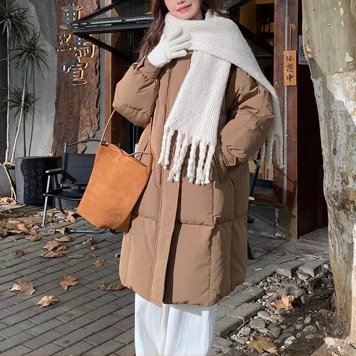 23022-G-1-1-1 新款针织翻领中长款加厚白鹅绒冬季宽松外套带毛领