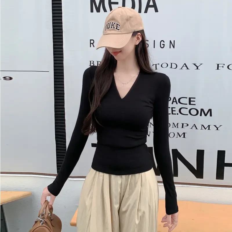 百搭纯欲V领正肩长袖T恤早秋新款修身显瘦简约气质打底内搭上衣女