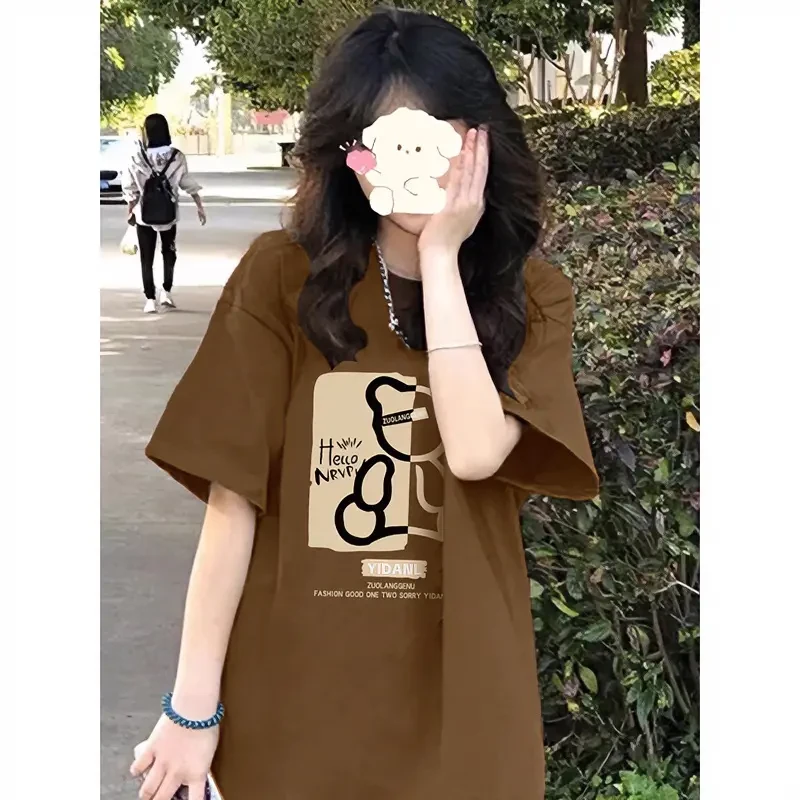 纯棉 复古港风落肩短袖T恤女卡通创意减龄小熊设计感夏季上衣
