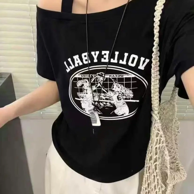 夏季新款斜肩短袖修身显瘦短款印花T恤女装百搭打底衫时尚休闲