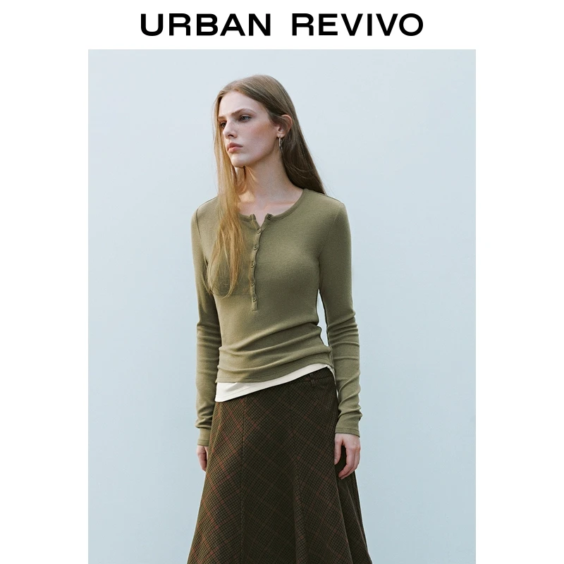 UR2025春季新款女装欧若风休闲拼接假两件短款修身T恤UYL450011