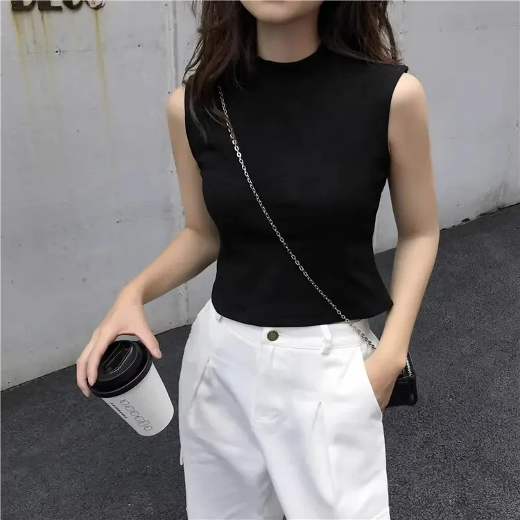 甜酷黑色坎肩半高领无袖短款上衣女夏别致小背心辣妹紧身内搭T恤